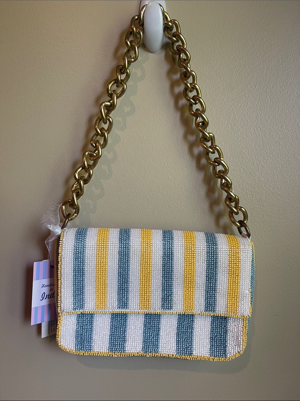 Viral Beaded Bag - Striped Clutch - Yellow, White & Light Blue